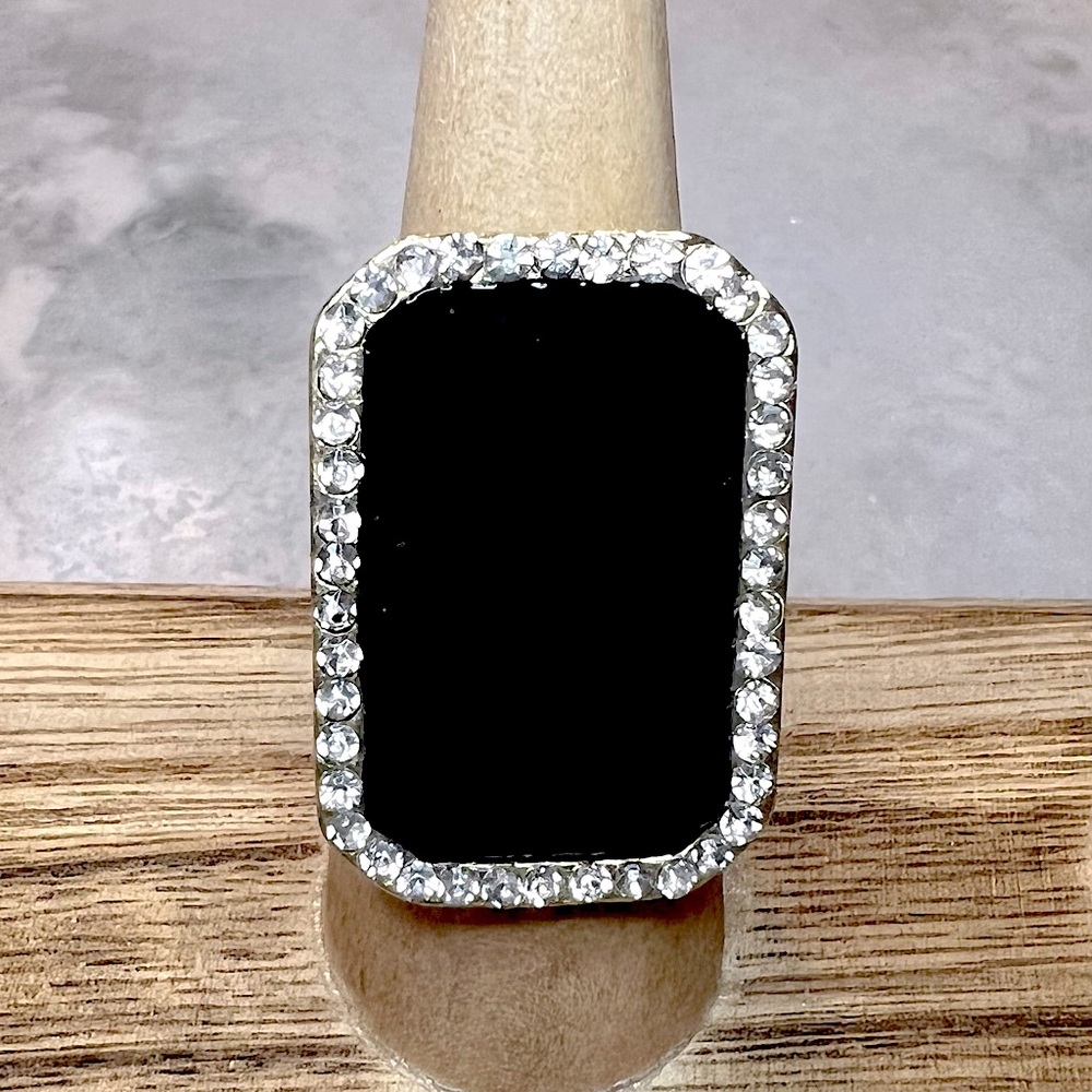 New Black & Gold Toned Square Ring with Cz Accent, Adjustable, not fading